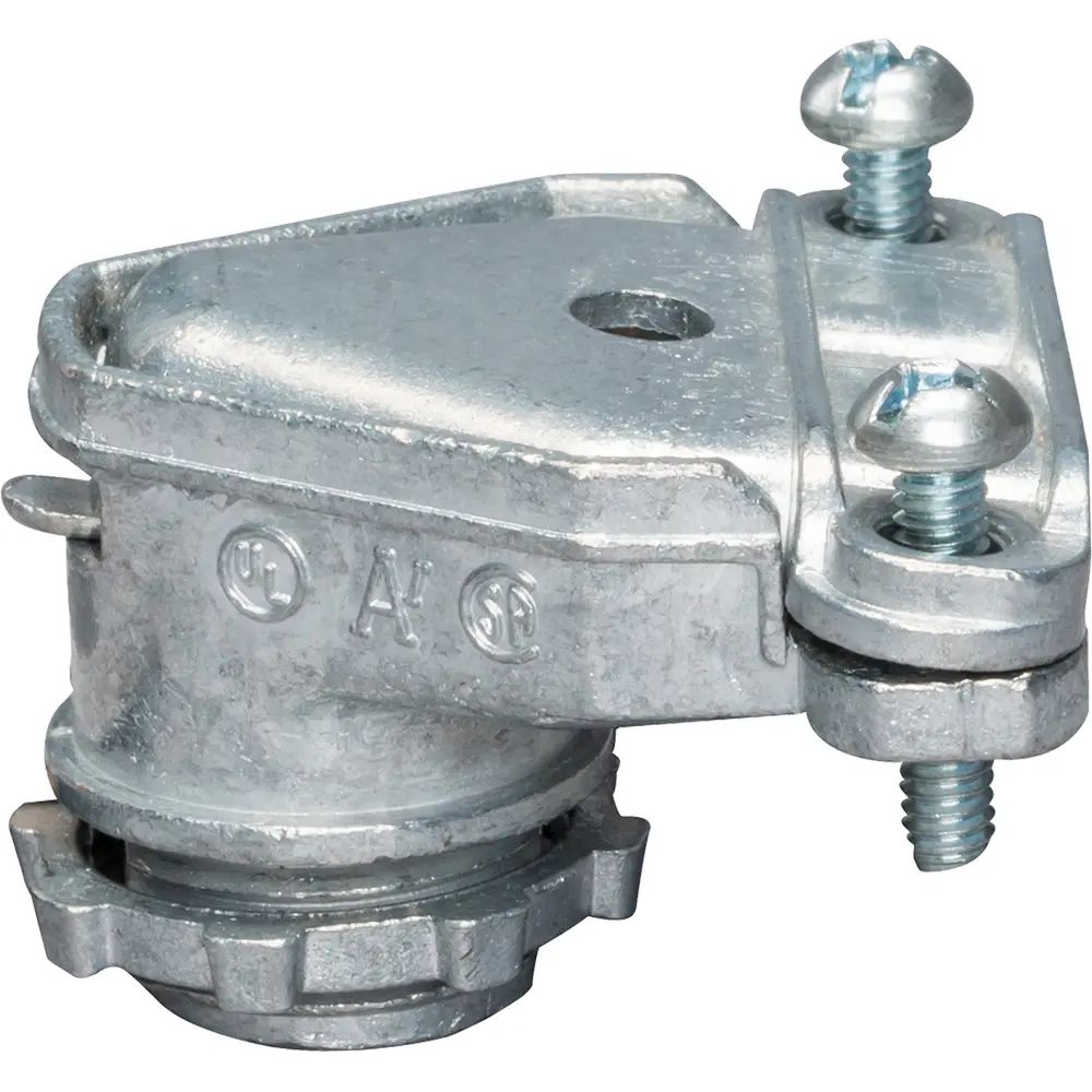 Flex Connector, Duplex, 3/8 In., 90°, Die-Cast Zinc, Gray w/ Locknut