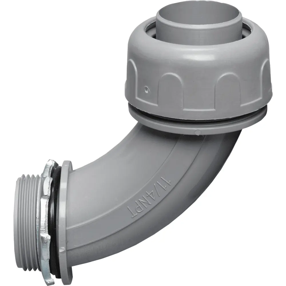 Liquidtight Connector, 1-1/4 In., 90°, Plastic, Gray, 2-Piece