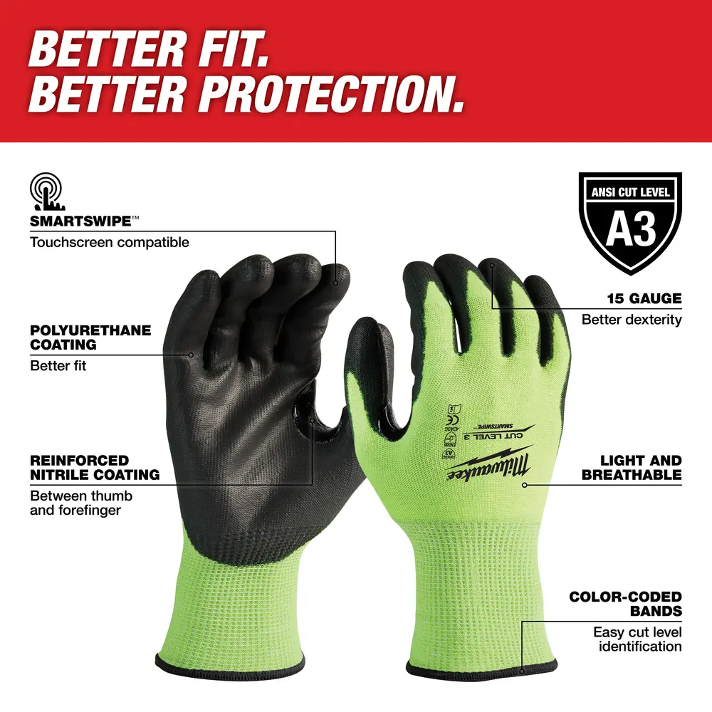 Gloves, Large, High Visibility, Polyurethane-Dipped, Cut Level 3