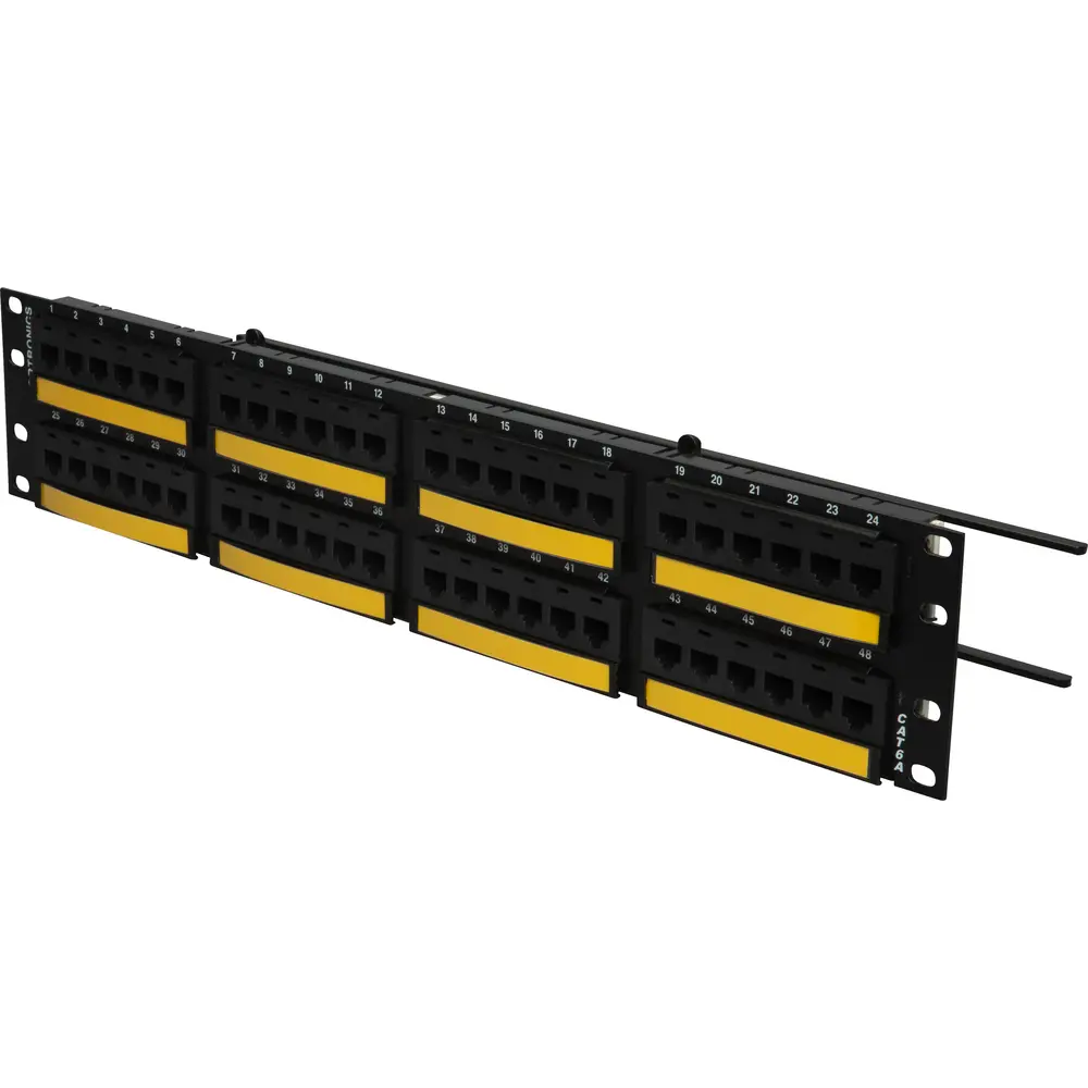TechChoice Flat Patch Panel, Category 6A, 48 Port, 2RU, Black